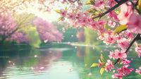 Cherry Blossoms Overlooking a Tranquil Lakeside Scenery