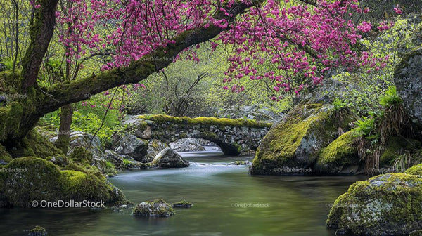 Peaceful Stream with Pink Blossoms and Stone Bridge