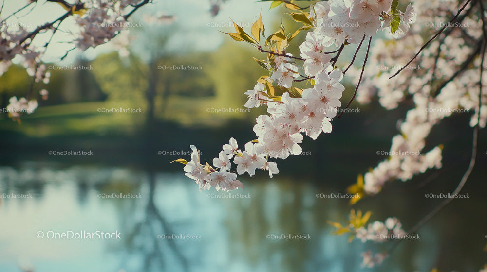 Cherry Blossoms Over a Tranquil Pond