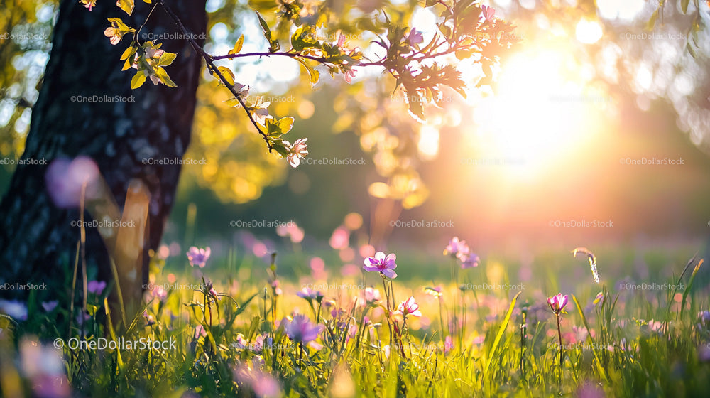 Sunlit Meadow with Blossoming Spring Flowers at Sunset