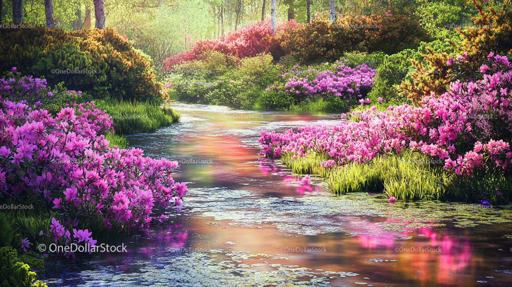 Idyllic Garden Stream Surrounded by Blooming Rhododendrons
