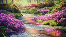 Idyllic Garden Stream Surrounded by Blooming Rhododendrons