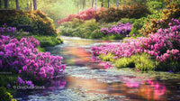 Idyllic Garden Stream Surrounded by Blooming Rhododendrons
