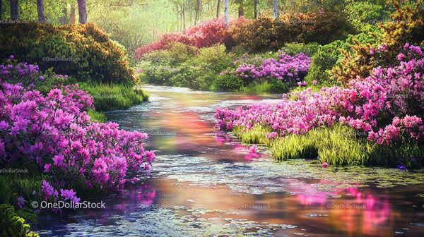 Idyllic Garden Stream Surrounded by Blooming Rhododendrons
