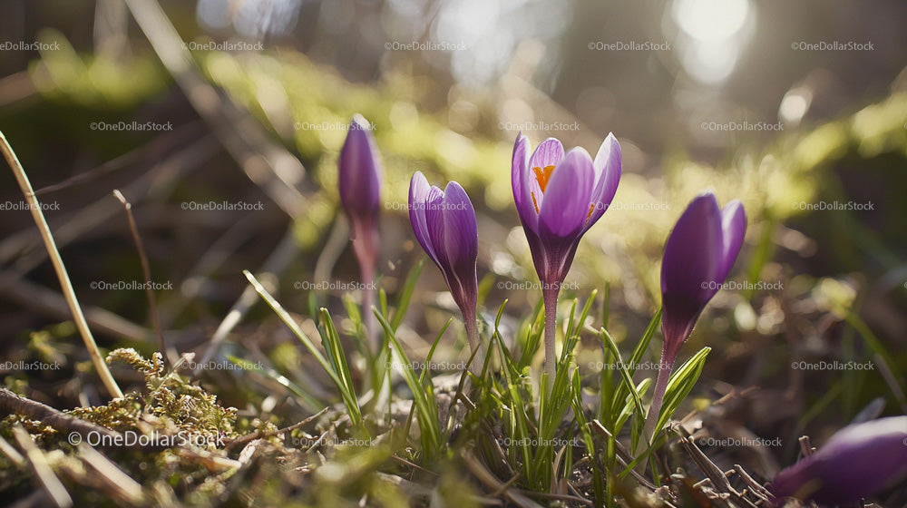 Purple Crocuses Blooming in Sunlit Spring Scene