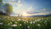 Spring Meadow with White Wildflowers at Sunrise