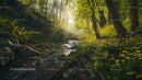Sunlit Forest Stream with Vibrant Spring Yellow Wildflowers
