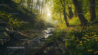 Sunlit Forest Stream with Vibrant Spring Yellow Wildflowers