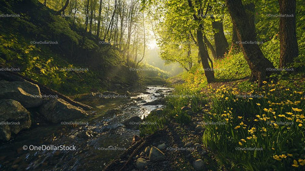 Sunlit Forest Stream with Vibrant Spring Yellow Wildflowers