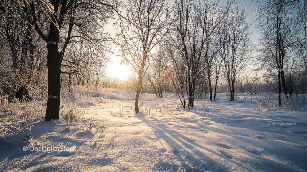 Sunrise Over Snowy Forest in Winter Wonderland