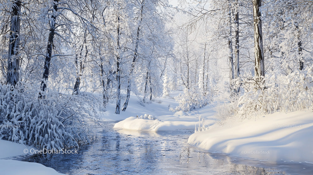 Serene Snow-Covered Forest with Icy River