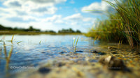 Tranquil Lakeside with Grassy Shoreline and Clear Blue Sky