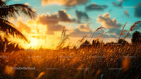 Golden Sunset Over Tropical Grassland with Palm Leaves