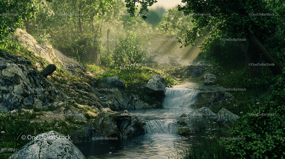 Sunlit Forest Stream with Lush Vegetation and Rocks