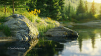 Tranquil Forest Scene with Sunlit Rocks and Calm Water
