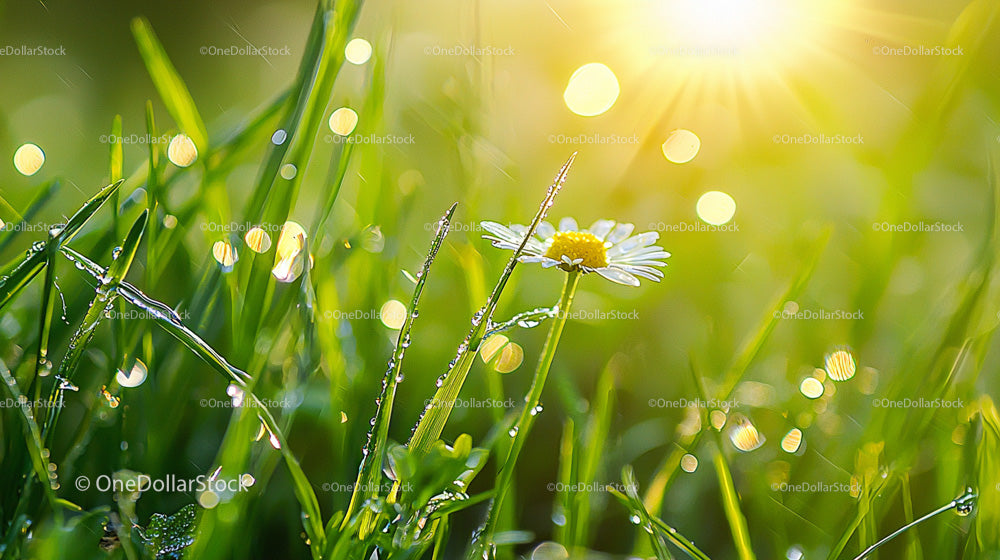 Daisy in Sunlit Dewy Morning Meadow