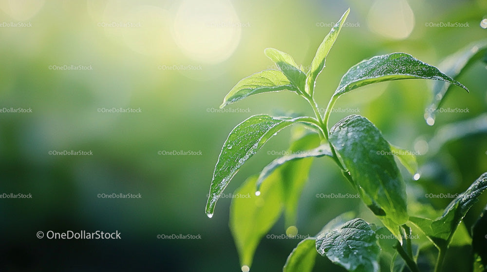 Vibrant Green Leaves with Morning Dew in Sunlight