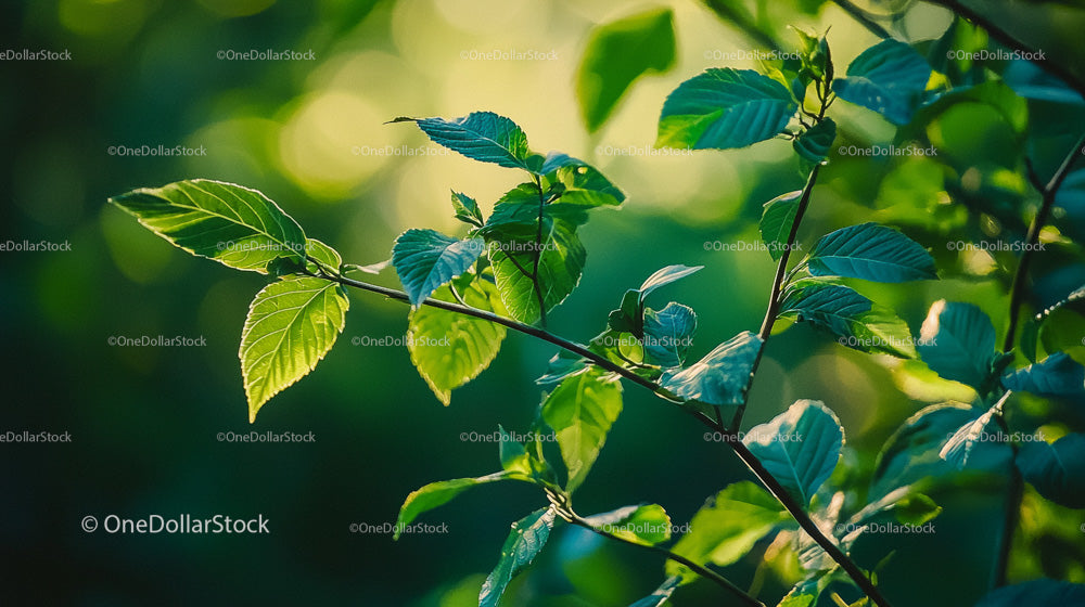 Sunlit Green Leaves on a Branch in Nature