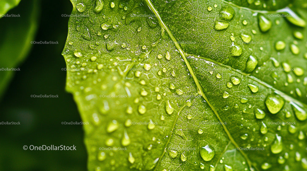 Fresh Green Leaf with Dewy Droplets in Close-Up View