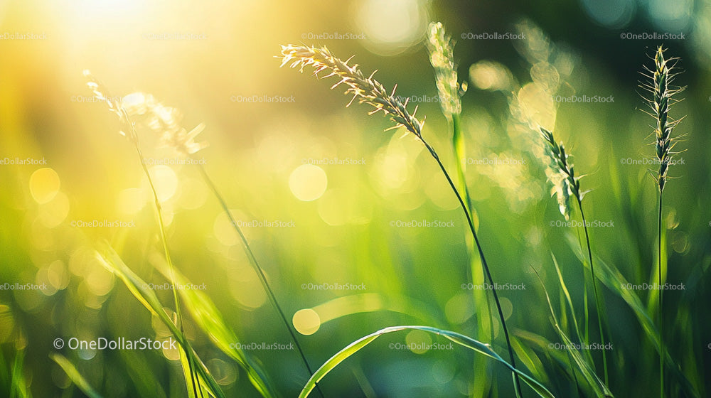 Sunlit Meadow with Vibrant Green Grass and Bokeh Background