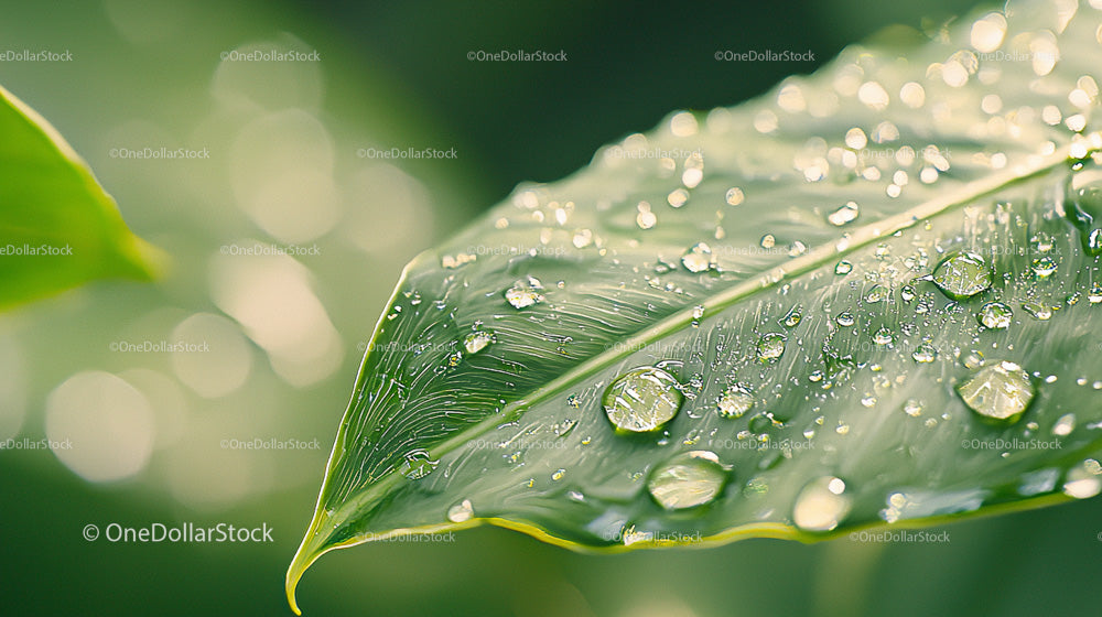 Macro Shot of Fresh Green Leaf with Dew Drops