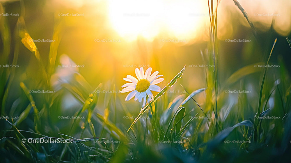 Daisy in Golden Sunset Light in a Meadow