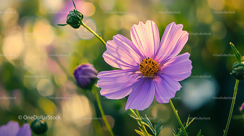Vibrant Purple Cosmos Flower in Bloom with Green Backdrop