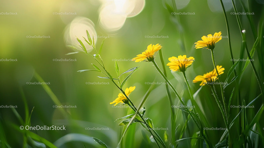 Yellow Flowers Blooming in Sunlit Green Meadow