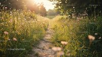 Sunlit Country Path with Wildflowers in Morning Light