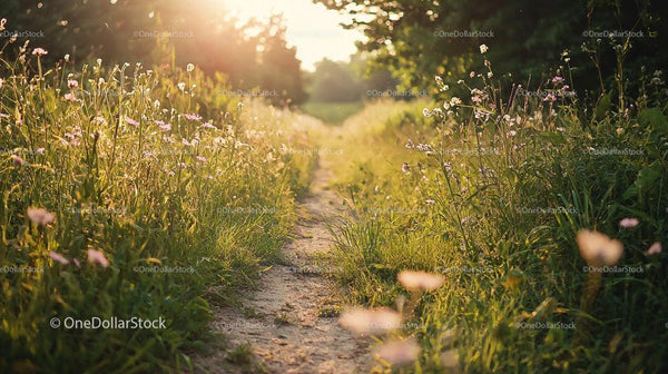Sunlit Country Path with Wildflowers in Morning Light