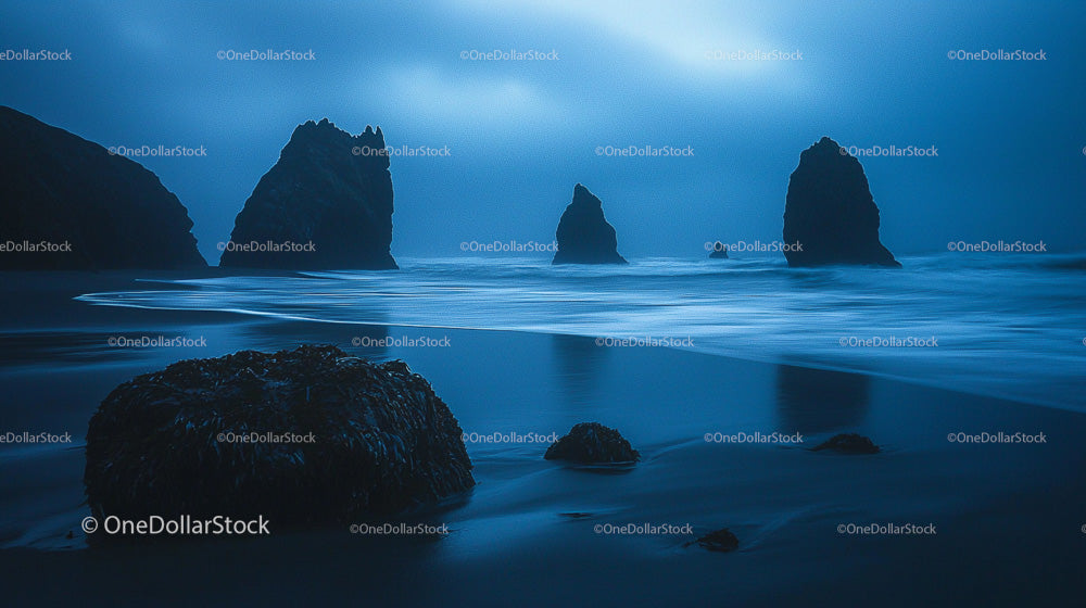 Misty Twilight Over a Serene Coastal Rock Formation