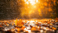 Golden Autumn Leaf in Rain with Sunlit Background