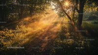 Sunlit Forest Path with Golden Morning Rays