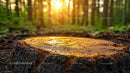 Sunlit Tree Stump in a Serene Forest Setting