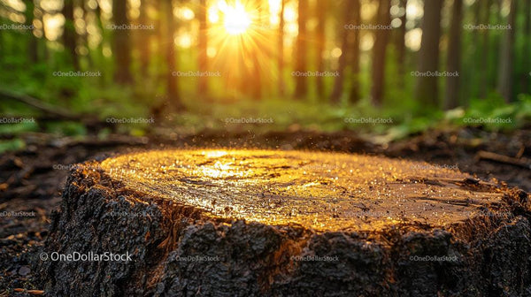 Sunlit Tree Stump in a Serene Forest Setting