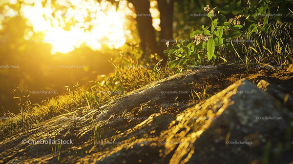 Golden Sunlight Illuminating Forest Ground at Sunrise