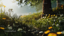 Sunlit Meadow with Wildflowers and Tranquil Forest Background