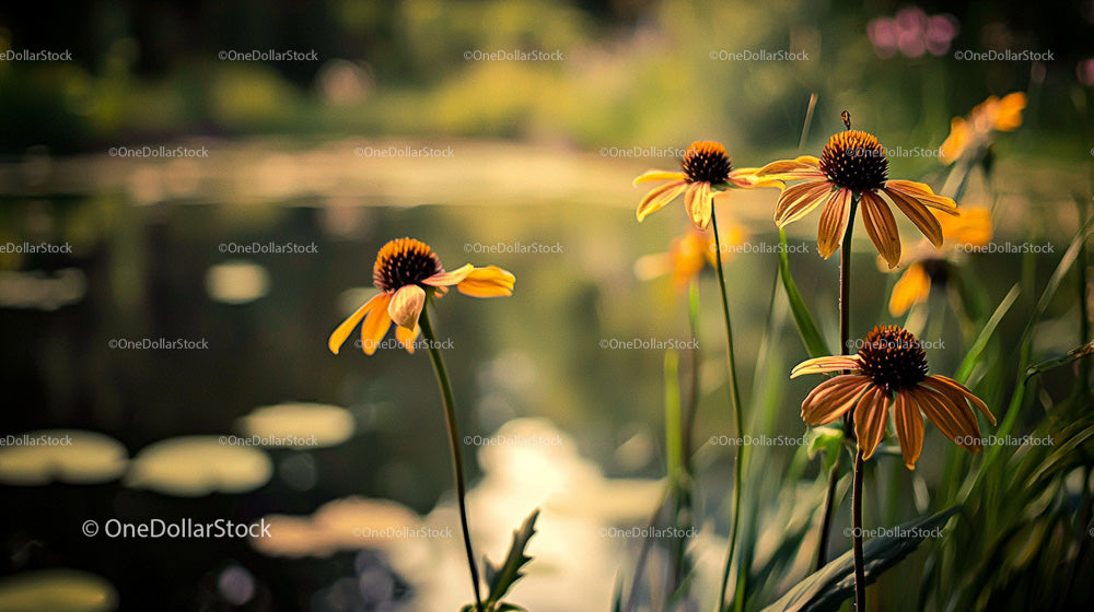 Blooming Echinacea by a Serene Pond in a Summer Garden