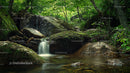 Tranquil Forest Stream with Moss-Covered Rocks and Waterfall