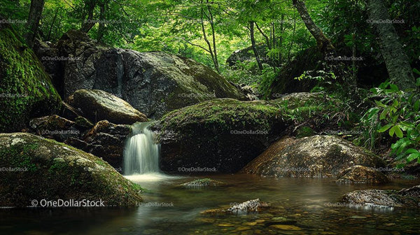 Tranquil Forest Stream with Moss-Covered Rocks and Waterfall