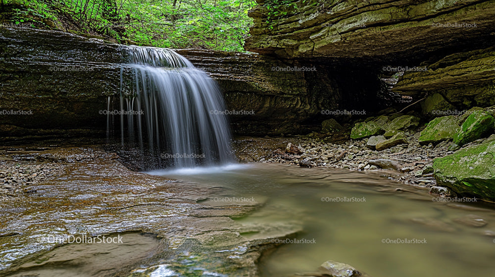 Serene Waterfall Flowing Through Lush Green Forest