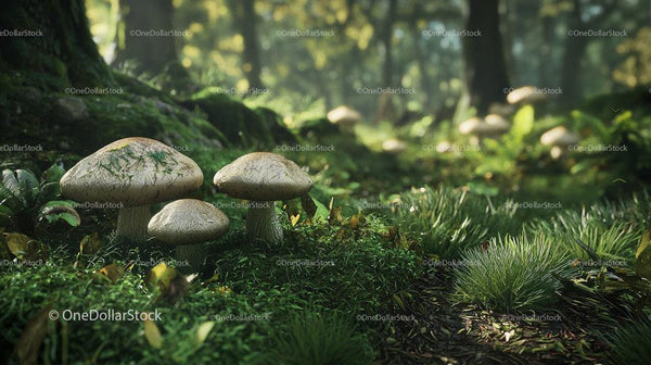 Lush Forest Floor with Wild Mushrooms
