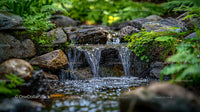 Tranquil Garden Waterfall with Moss-Covered Rocks