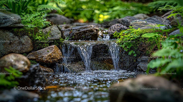 Tranquil Garden Waterfall with Moss-Covered Rocks