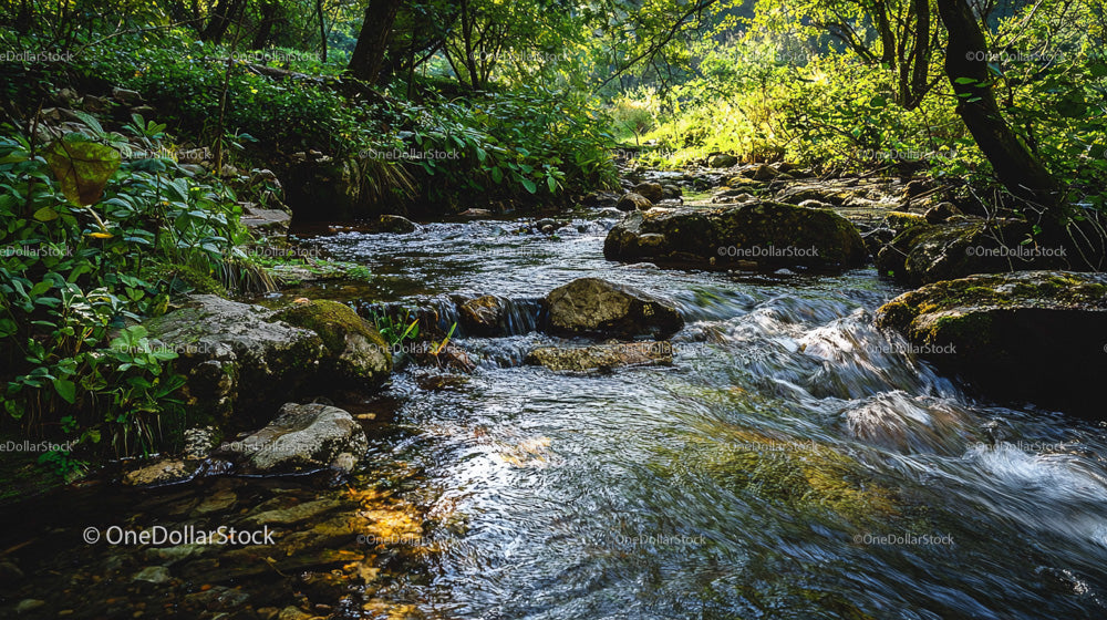 Serene Forest Stream Flowing Through Lush Greenery