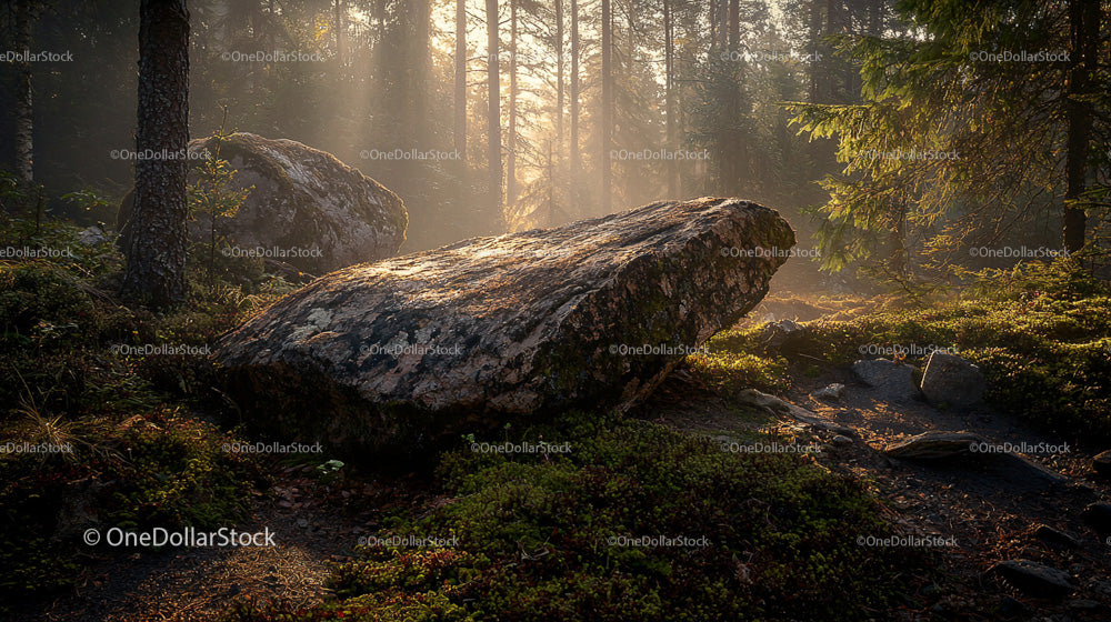 Moss-Covered Rocks in Sunlit Forest