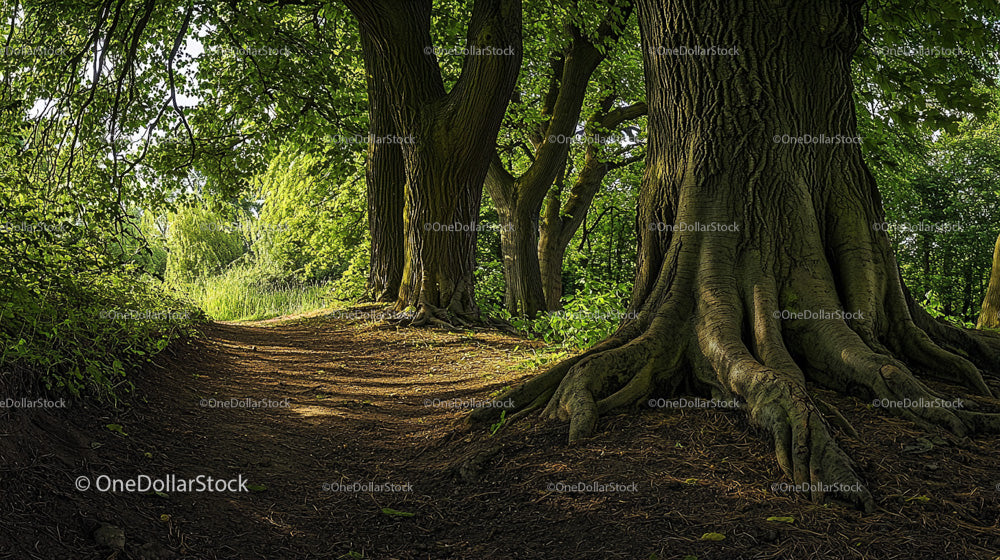 Sunlit Woodland Path with Majestic Ancient Trees