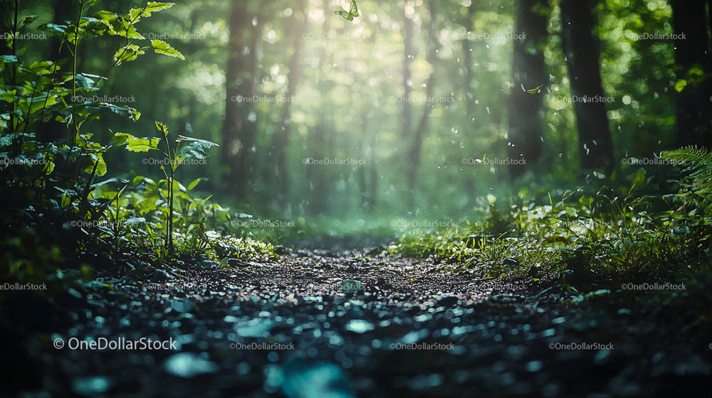 Sunlit Forest Path with Lush Green Foliage