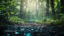 Sunlit Forest Path with Lush Green Foliage