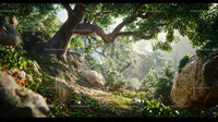Sunlit Forest with Lush Green Foliage and Rocky Terrain